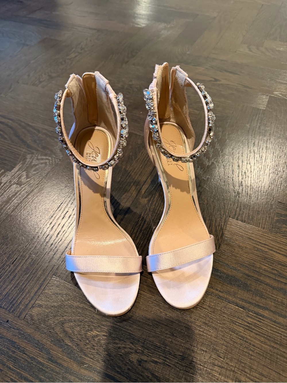 Jewel Badgley Mishka Embellished Ankle Strap Sandals in Light Pink